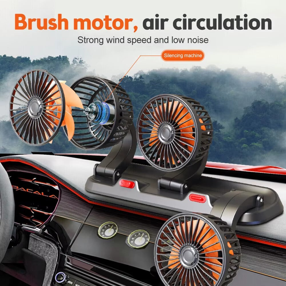 Ventilateur de refroidissement portable à 3 têtes pour voiture, 2 vitesses réglables, rotation à 360°, prise allume-cigare, flux d'air puissant pour véhicules, camping-cars et SUV