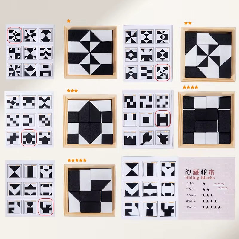Puzzle de blocs cachés en bois, jouets de blocs de construction cachés, jeu de blocs magiques en bois, jouet de pensée logique à géométrie noire et blanche, jeu de table interactif parent-enfant