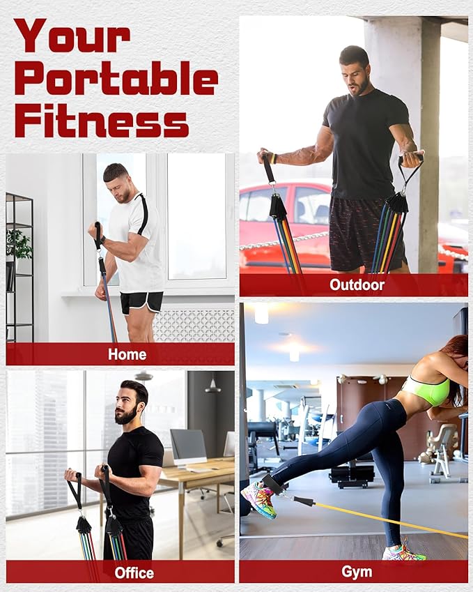 Fitness Kit Bande Élastique Musculation, Lot de 6 Bandes de Résistance avec Poignées, Ancrage de Porte, Sangles de Cheville et Sac, Bandes Résistance Élastique pour Homme Femme Pilates Yoga Fitness