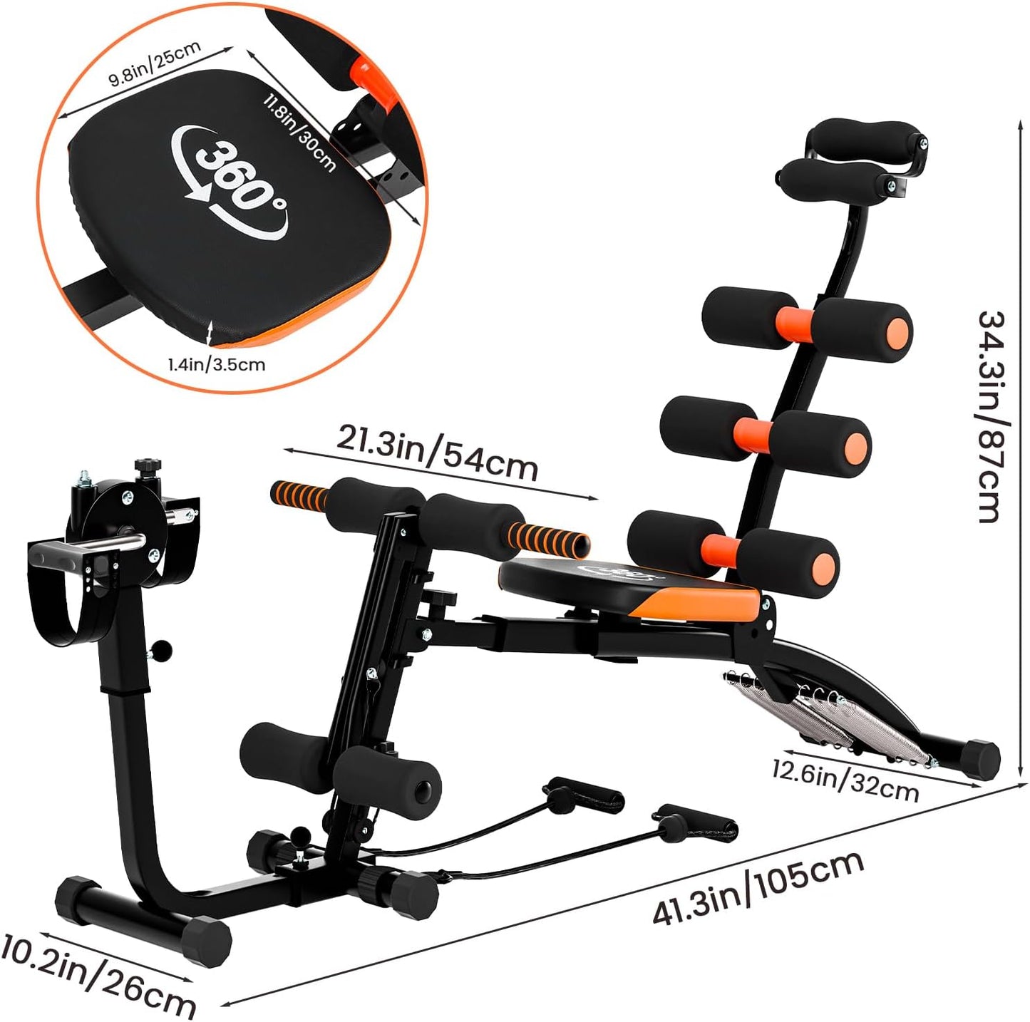Banc d'entraînement des abdominaux 6 en 1 pour la salle de sport à domicile Banc d'entraînement réglable avec extension des jambes, siège pivotant à 360°, pédale, machine de crunch abdominale réglable multifonctionnelle pour l'entraînement total du corps