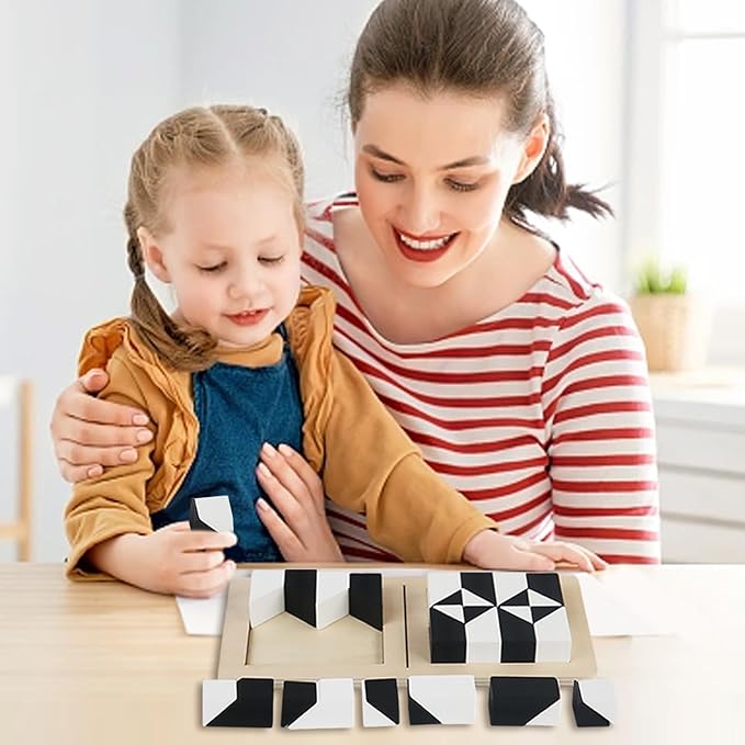 Puzzle de blocs cachés en bois, jouets de blocs de construction cachés, jeu de blocs magiques en bois, jouet de pensée logique à géométrie noire et blanche, jeu de table interactif parent-enfant