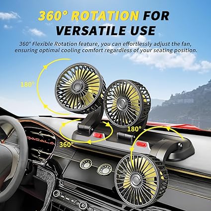 Ventilateur de refroidissement portable à 3 têtes pour voiture, 2 vitesses réglables, rotation à 360°, prise allume-cigare, flux d'air puissant pour véhicules, camping-cars et SUV