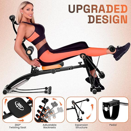 Banc d'entraînement des abdominaux 6 en 1 pour la salle de sport à domicile Banc d'entraînement réglable avec extension des jambes, siège pivotant à 360°, pédale, machine de crunch abdominale réglable multifonctionnelle pour l'entraînement total du corps