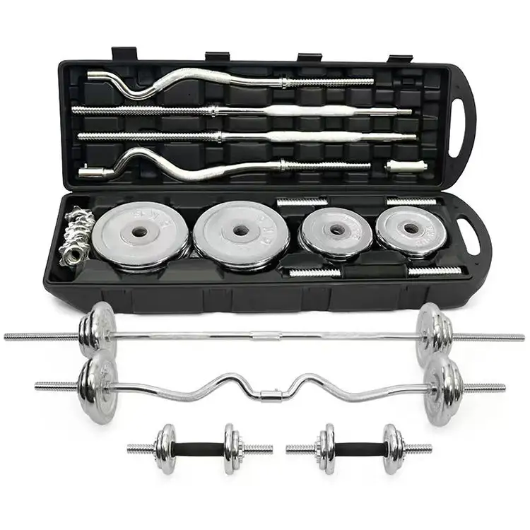 Kit Musculation Complet 4-en-1 – Haltères & Barre Chrome 55 KG | Valise Incluse