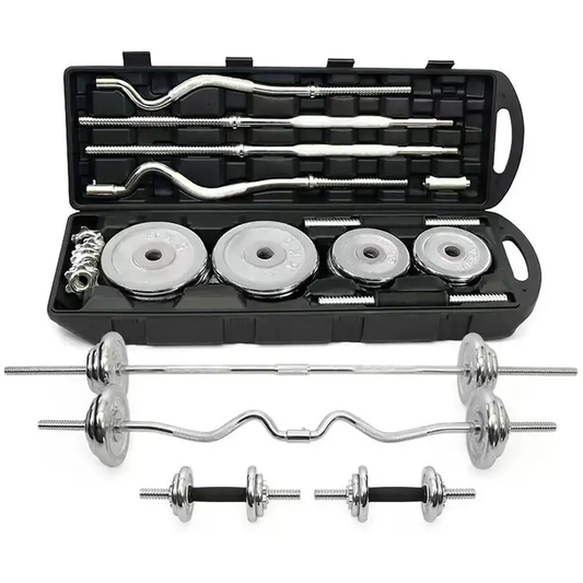 Kit Musculation Complet 4-en-1 – Haltères & Barre Chrome 55 KG | Valise Incluse