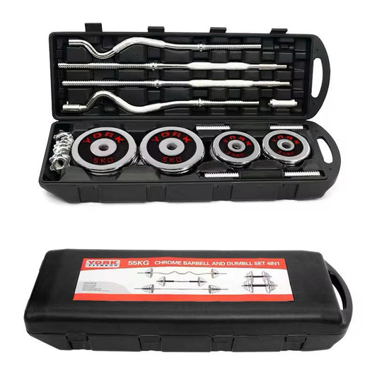 Kit Musculation Complet 4-en-1 – Haltères & Barre Chrome 55 KG | Valise Incluse