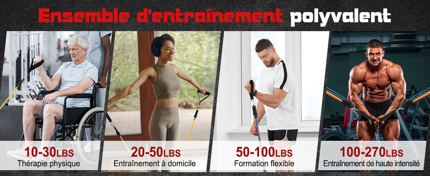Fitness Kit Bande Élastique Musculation, Lot de 6 Bandes de Résistance avec Poignées, Ancrage de Porte, Sangles de Cheville et Sac, Bandes Résistance Élastique pour Homme Femme Pilates Yoga Fitness