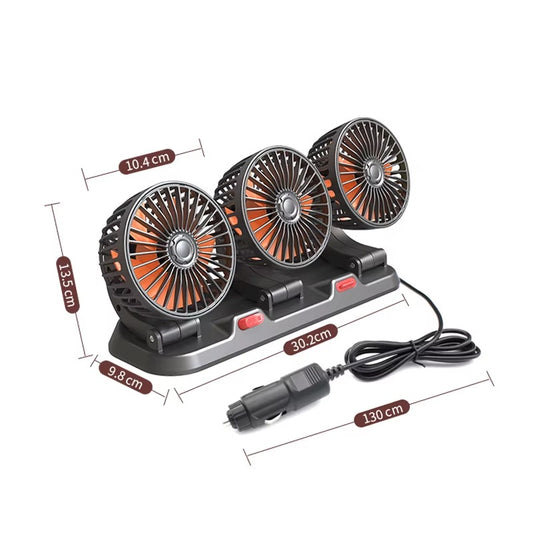 Ventilateur de refroidissement portable à 3 têtes pour voiture, 2 vitesses réglables, rotation à 360°, prise allume-cigare, flux d'air puissant pour véhicules, camping-cars et SUV