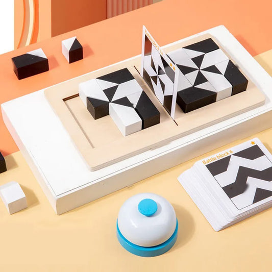 Puzzle de blocs cachés en bois, jouets de blocs de construction cachés, jeu de blocs magiques en bois, jouet de pensée logique à géométrie noire et blanche, jeu de table interactif parent-enfant